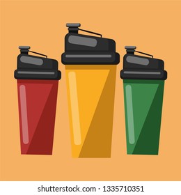 Three water sippers in red green and yellow colors to drink water or juice vector color drawing or illustration.