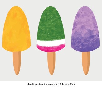 Tres helados de helado de helado de helado de helado de frutas de acuarela aislados en blanco. Sundae colorido de verano, fondo de gelato. Sabroso lindo apetitoso colección de varios alimentos. Helados realistas de diseño moderno estilo plano