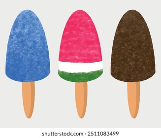 Tres helados de helado de helado de helado de helado de frutas de acuarela aislados en blanco. Sundae colorido de verano, fondo de gelato. Sabroso lindo apetitoso colección de varios alimentos. Helados realistas de diseño moderno estilo plano