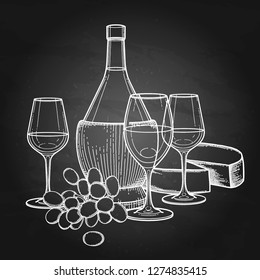 Three watercolor glasses of wine, bottle, grapes and camembert cheese. Kitchen still life. Vector isolated artwork