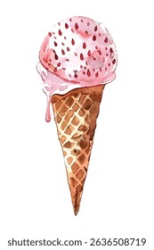 Three watercolor ice cream cones with vibrant flavors and delicious toppings. A playful and artistic design perfect for food themed projects, dessert branding, summer marketing, and creative visuals.
