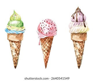 Three watercolor ice cream cones with vibrant flavors and delicious toppings. A playful and artistic design perfect for food themed projects, dessert branding, summer marketing, and creative visuals.