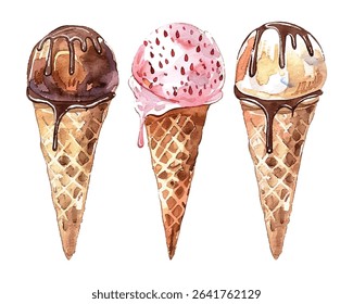 Three watercolor ice cream cones with vibrant flavors and delicious toppings. A playful and artistic design perfect for food themed projects, dessert branding, summer marketing, and creative visuals.