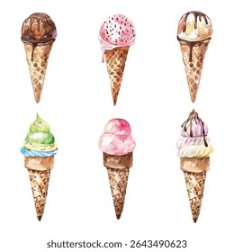 Três cones de sorvete de aquarela com sabores vibrantes e coberturas deliciosas. Um design lúdico e artístico perfeito para projetos com temas de comida, marca de sobremesa, marketing de verão e visuais criativos.