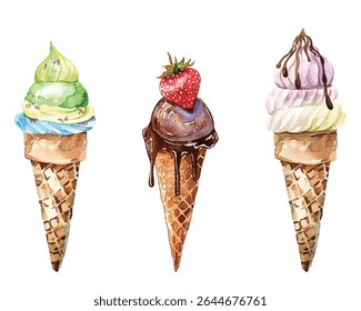 Três cones de sorvete de aquarela com sabores vibrantes e coberturas deliciosas. Um design lúdico e artístico perfeito para projetos com temas de comida, marca de sobremesa, marketing de verão e visuais criativos.