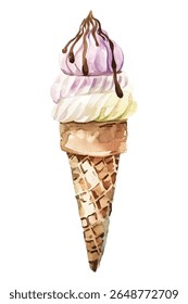 Three watercolor ice cream cones with vibrant flavors and delicious toppings. A playful and artistic design perfect for food themed projects, dessert branding, summer marketing, and creative visuals.