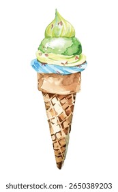 Three watercolor ice cream cones with vibrant flavors and delicious toppings. A playful and artistic design perfect for food themed projects, dessert branding, summer marketing, and creative visuals.