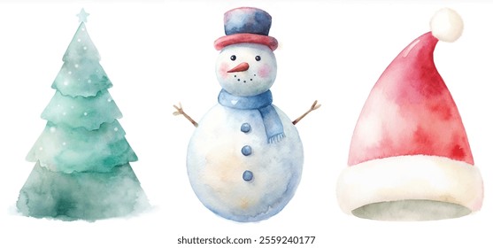 Three watercolor images of a snowman, a tree, and a hat. The snowman is wearing a red hat and a blue scarf