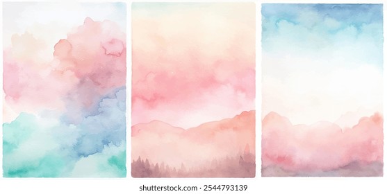 Três pinturas em aquarela de montanhas e nuvens. As pinturas estão em diferentes tons de rosa e azul