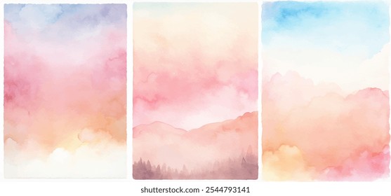 Três pinturas em aquarela de um céu rosa com montanhas ao fundo. O céu está cheio de nuvens e as montanhas estão a distância. As pinturas têm um clima sonhador, pacífico e sereno