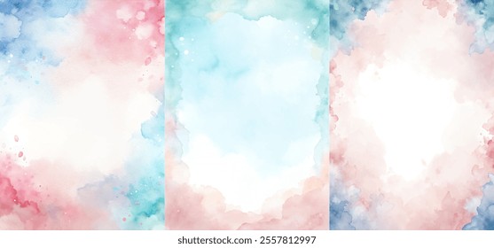 Three watercolor paintings of a sky with a blue and pink background. The sky is filled with clouds and the colors are vibrant