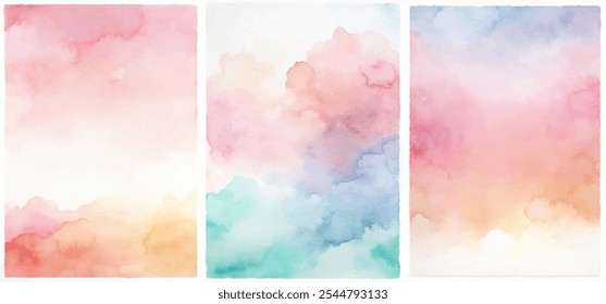 Três aquarelas de um céu com um fundo rosa e azul. O céu está cheio de nuvens e as cores são vibrantes e vivas