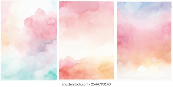 Três pinturas aquarelas de um céu com nuvens cor-de-rosa e azul. As pinturas são abstratas e coloridas