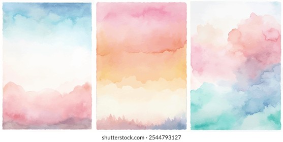 Three watercolor paintings of a sky with a rainbow. The paintings are in different colors and have a dreamy, whimsical feel to them