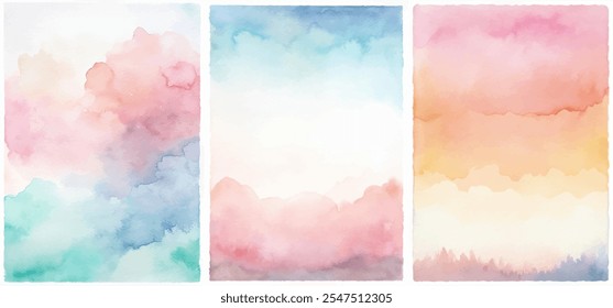 Three watercolor paintings of a sky with a rainbow. The paintings are in different colors and have a dreamy, whimsical feel to them