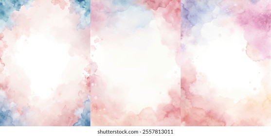 Three watercolor paintings of a white background with a pink, blue, and purple swirl. The paintings are abstract and convey a sense of movement and fluidity