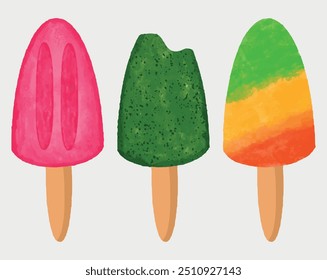 Three watercolor popsicles ice cream. Set of fruit popsicle stick, various colorful chocolate ice creams icon in flat style. Row of icicle collection. Cold lolly pop summer tasty delicious sweet food