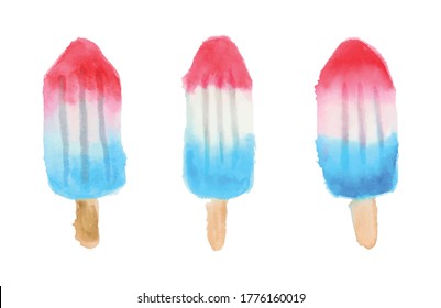 Three watercolor rocket popsicles. Red White and Blue popsicles. Watercolor painting.