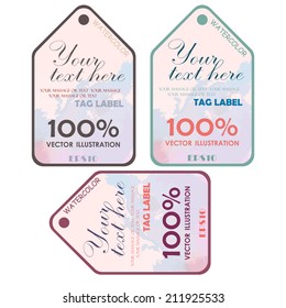 Three watercolor tags label. Vector illustration.