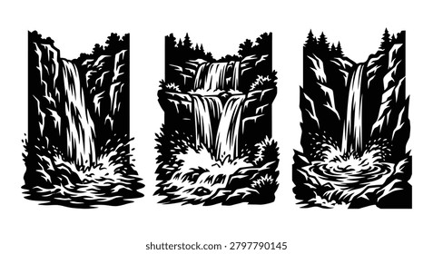 Three Waterfall Scenes In Black And White Silhouette waterfalls cascade cascades river streams water flow