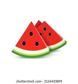 Three watermelon slices with seeds isolated on white background. Realistic illustration of triangular watermelon slices. Vector illustration.