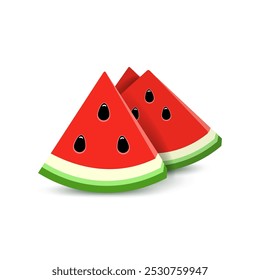 Three watermelon slices with seeds isolated on white background. Realistic illustration of triangular watermelon slices. Vector illustration.