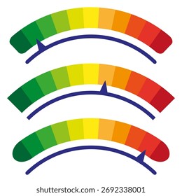 Tres indicadores de onda. Arco del indicador de velocidad. Escala de Vector del arco iris. Conjunto de medidor de nivel. EPS 10.