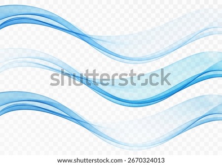 Three waves, transparent blue wave design element. Blue motion wave, smoky flow curve. Abstract waves set.