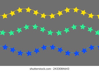 Three wavy lines of stars in yellow, teal, and blue colors on a gray background. Vector illustration. EPS 10.