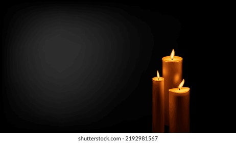 Three wax candles on black background and spot of light with with copy space. Symbol of grief and memory for the dead. Horizontal vector.