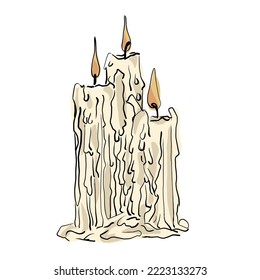 three wax candles that burn and melt. cartoon sketch on a white background