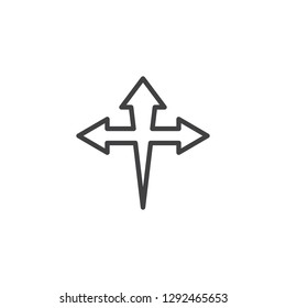 Three way arrow cross line icon. linear style sign for mobile concept and web design. Road breaks outline vector icon. Symbol, logo illustration. Pixel perfect vector graphics