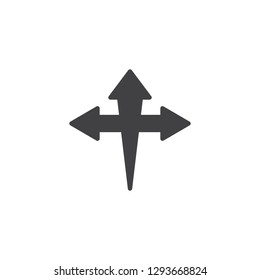 Three way arrow cross vector icon. filled flat sign for mobile concept and web design. Road breaks simple solid icon. Symbol, logo illustration. Pixel perfect vector graphics