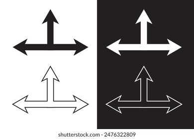 Three way arrow icon. Three way black direction arrow icon on white and black background. Vector illustration.