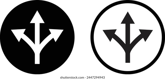 Three way arrow icon set in two styles isolated on white background . Three way direction arrow icon vector