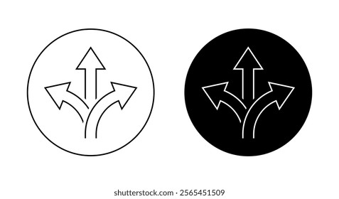 Three way arrow outline icon on black circle. 3 direction arrows sign symbol