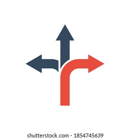 three way arrows with red turn direction, vector icon