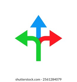 Three way direction arrow icon in flat design. Triple arrowheads sign symbol