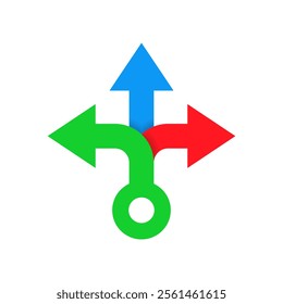 Three way direction arrow icon in flat style. 3 arrowheads sign symbol