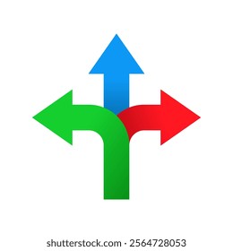 Three way direction arrow icon in flat design. 3 arrowheads sign symbol