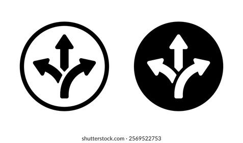 Three way direction arrow icon on black circle. Triple arrows sign symbol