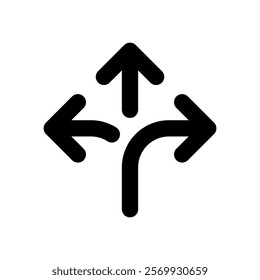 Three way direction arrow icon on rounded corner. Triple arrows sign symbol