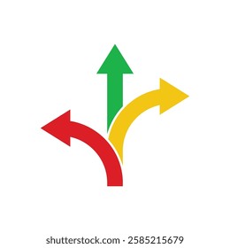 
Three way direction arrow icon. Road sign direction icon. Multiple path, navigation, decision making, road split icon. Vector illustration.