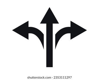 Three Way Direction Arrow Icons, Triple Directional Road Icon Sign, Traffic Sign, Three Way Decision Opportunity Option Arrow Symbol 3 Path Pointing Choice, Y Intersection Sign Vector Illustration