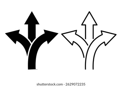 Three way direction arrow icons. Road sign direction icon. Three way icon. Vector illustration
