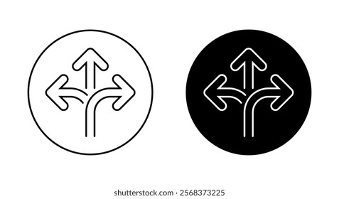 Three way direction arrow outline icon on black circle. Triple ways sign symbol