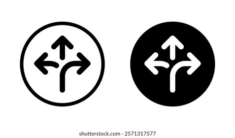 Three way direction arrow rounded corner icon on black circle