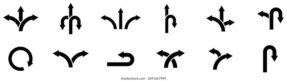 Ilustración vectorial de señal de flecha de dirección de tres vías: icono de concepto de ruta y decisión