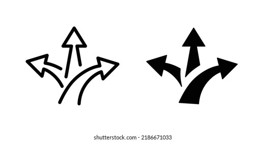 Three way direction arrow vector, sign, symbol, logo, illustration, editable stroke, flat design style isolated on white linear