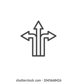 Three way direction arrows outline icon. linear style sign for mobile concept and web design. Road Direction simple line vector icon. Symbol, logo illustration. Pixel perfect vector graphics
